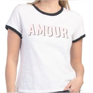 Cinq à Sept White Tee with Black Trim and Pink Graphic